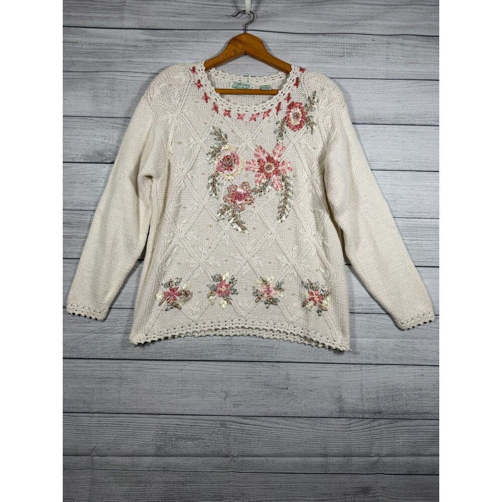 Vintage Colleen’s Collectables M Cream Ribbon Floral Pearl Knit Sweater 4172